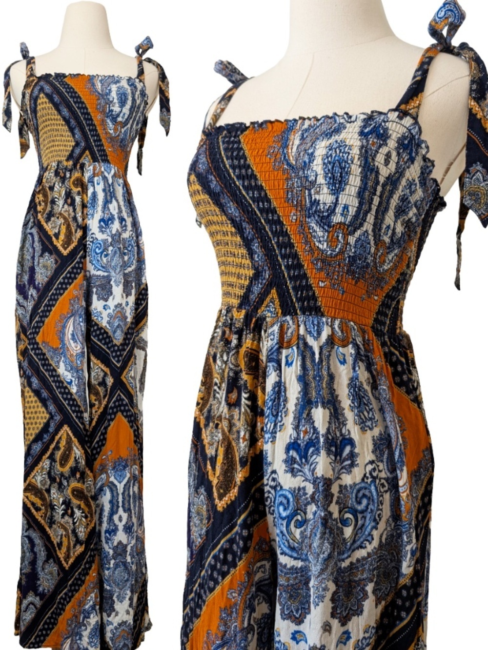 H&M Printed Wide Leg Jumpsuit Sleeveless Size 2 XS Blue Orange Boho